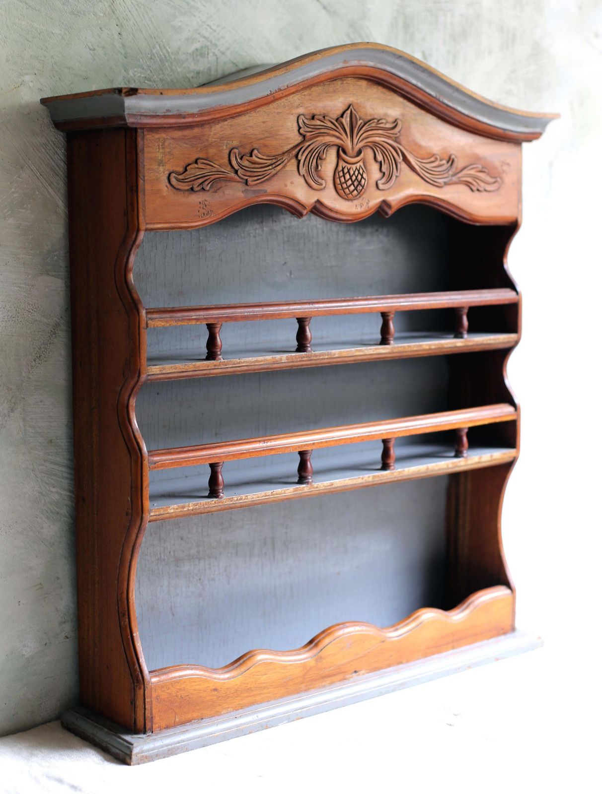 Antique French Wooden Shelves Wall 3 Tier Shelf Unit Vintage Painted Distressed Wall Book Case photo vintage