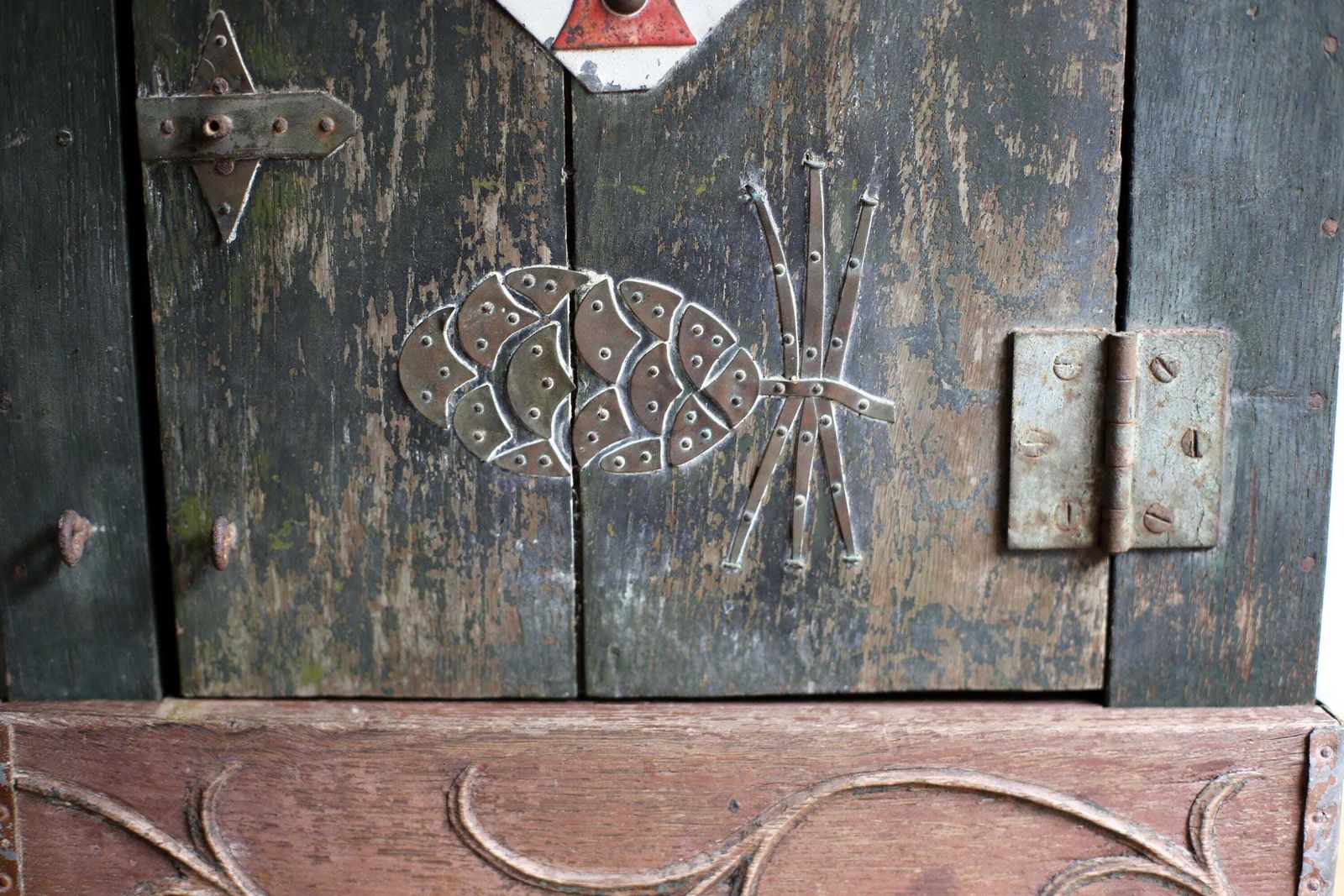 Antique French Cabinet Painted Folk Art Wooden Green Distressed With Red Cross Tabernacle photo 312.0