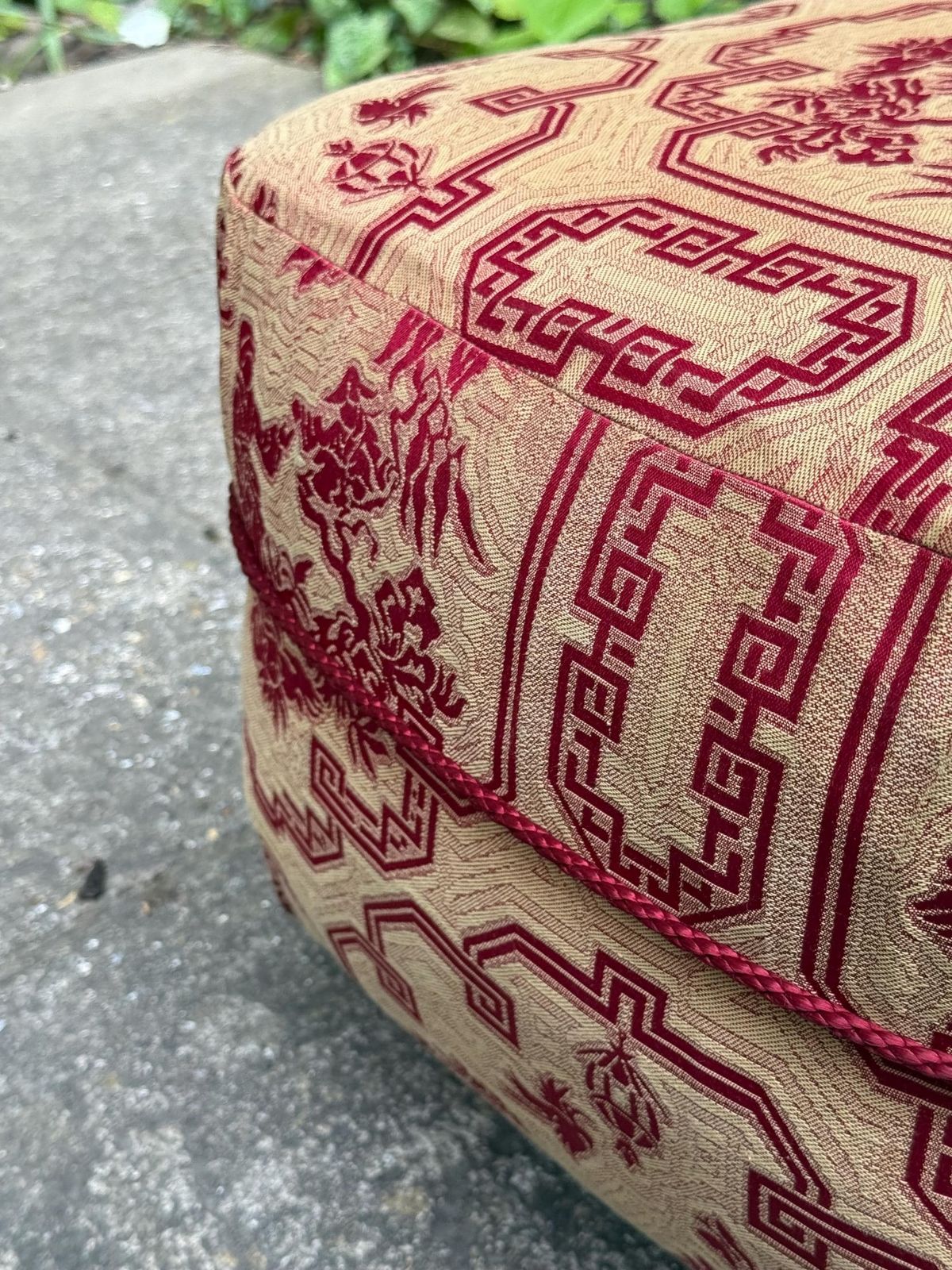 photo vinterior Vintage Chinoiserie Ottoman Footstool On Castors With Red And Gold Upholstery   Underside Label