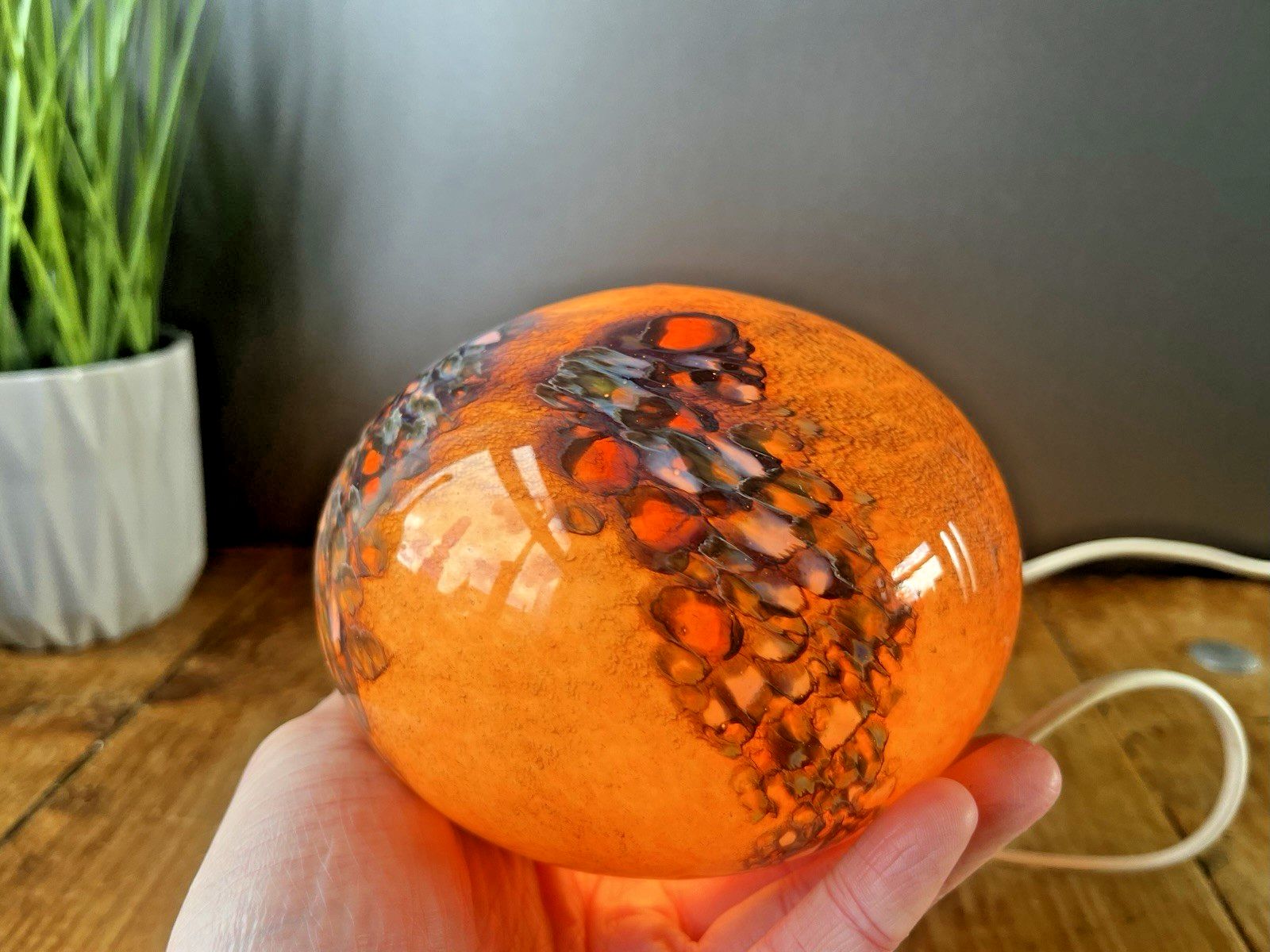 Vintage 80s Studio Art Glass Volcanic Lamp Amber Lava Effect Speckled Mood Light photo for sale