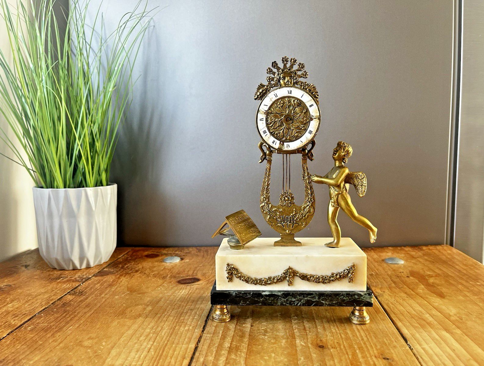 Antique French Louis XVI Style Lyre Clock Cherub Marble Mantel Clock Prop Repair