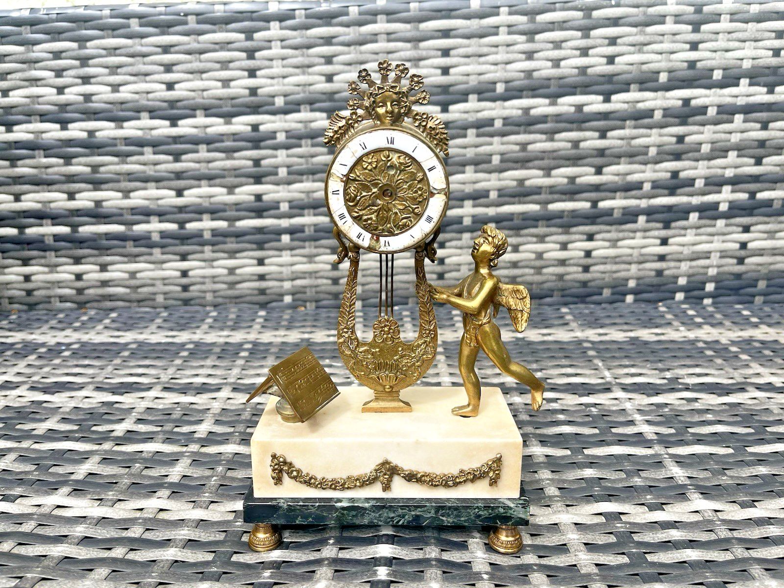 Antique French Louis XVI Style Lyre Clock Cherub Marble Mantel Clock Prop Repair photo furniture