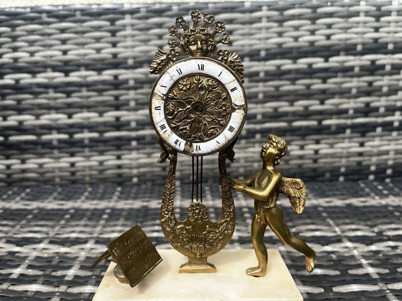 Antique French Louis XVI Style Lyre Clock Cherub Marble Mantel Clock Prop Repair photo Home Decor
