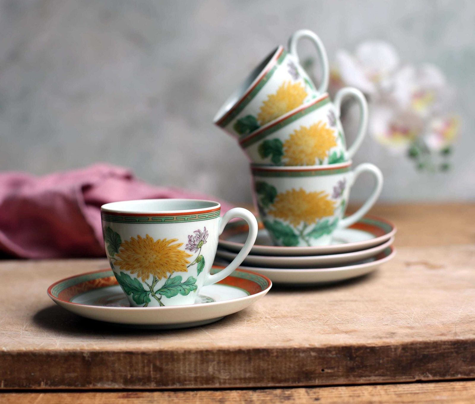 Set Of 4 Vintage Haviland Limoges Cups & Saucers Pate Celadon Chrysantheme French Porcelain Tea Set