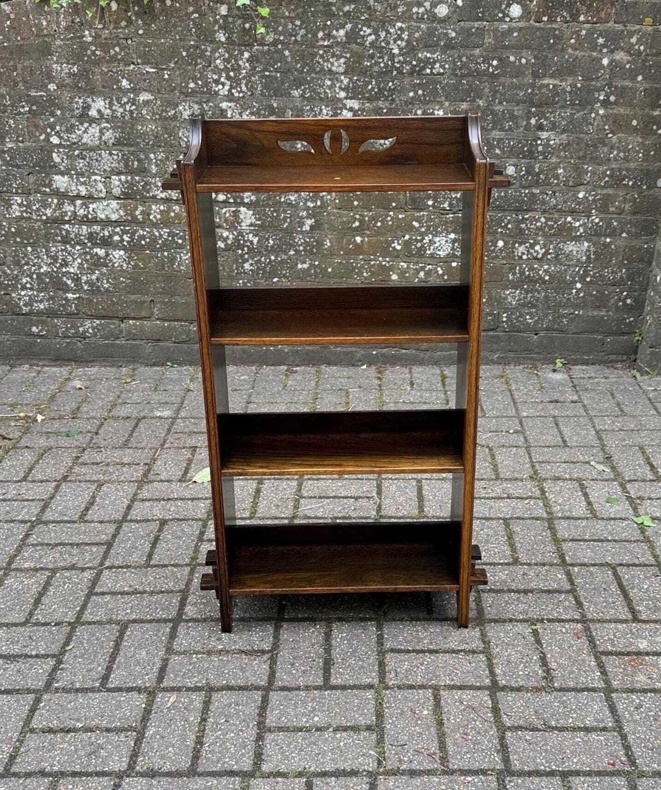 Arts And Crafts Oak Small Open Bookcase With Cut Out Detail And Peg Joinery (56cm W, 96cm H)