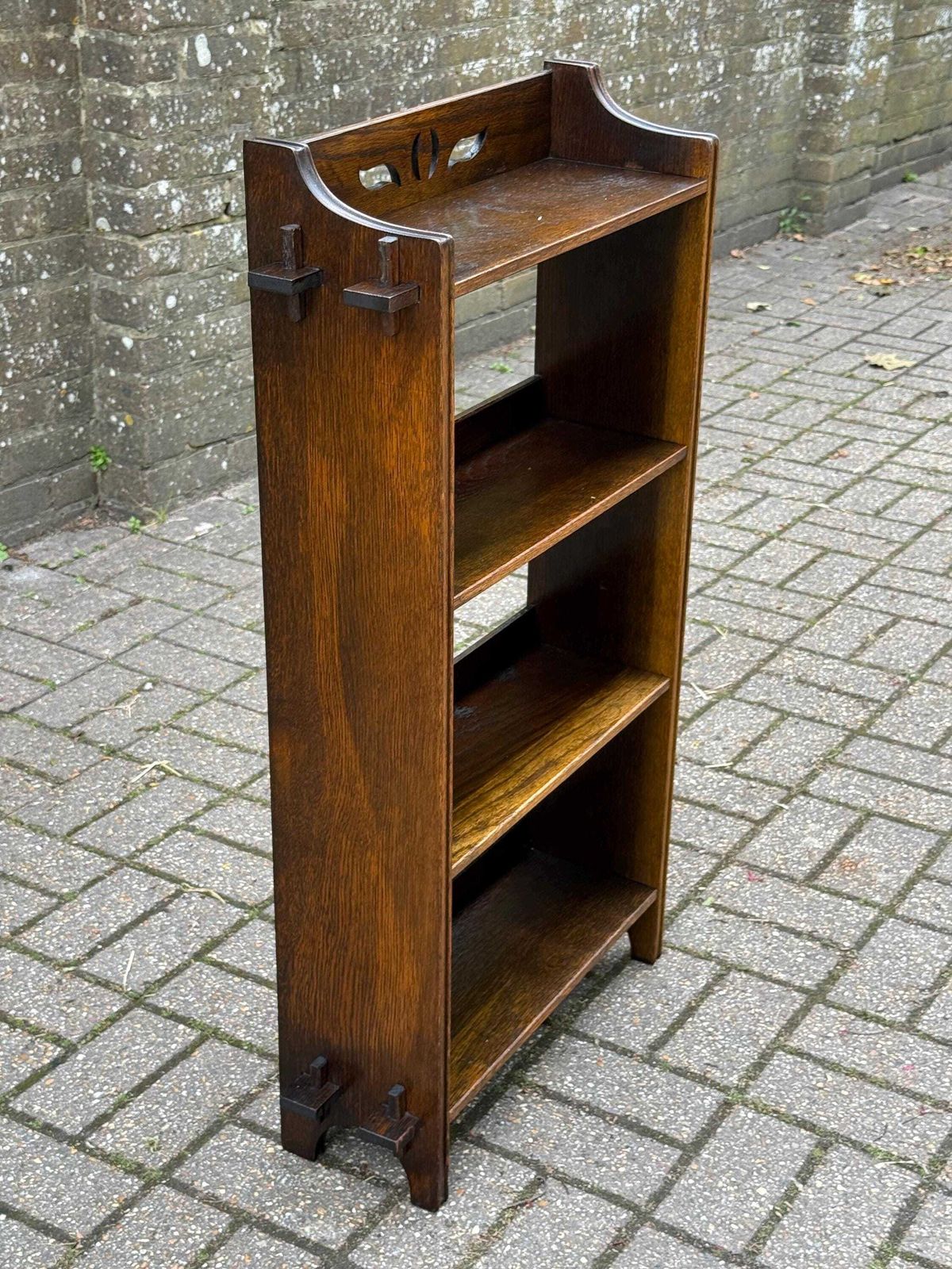 Arts And Crafts Oak Small Open Bookcase With Cut Out Detail And Peg Joinery (56cm W, 96cm H) photo buy