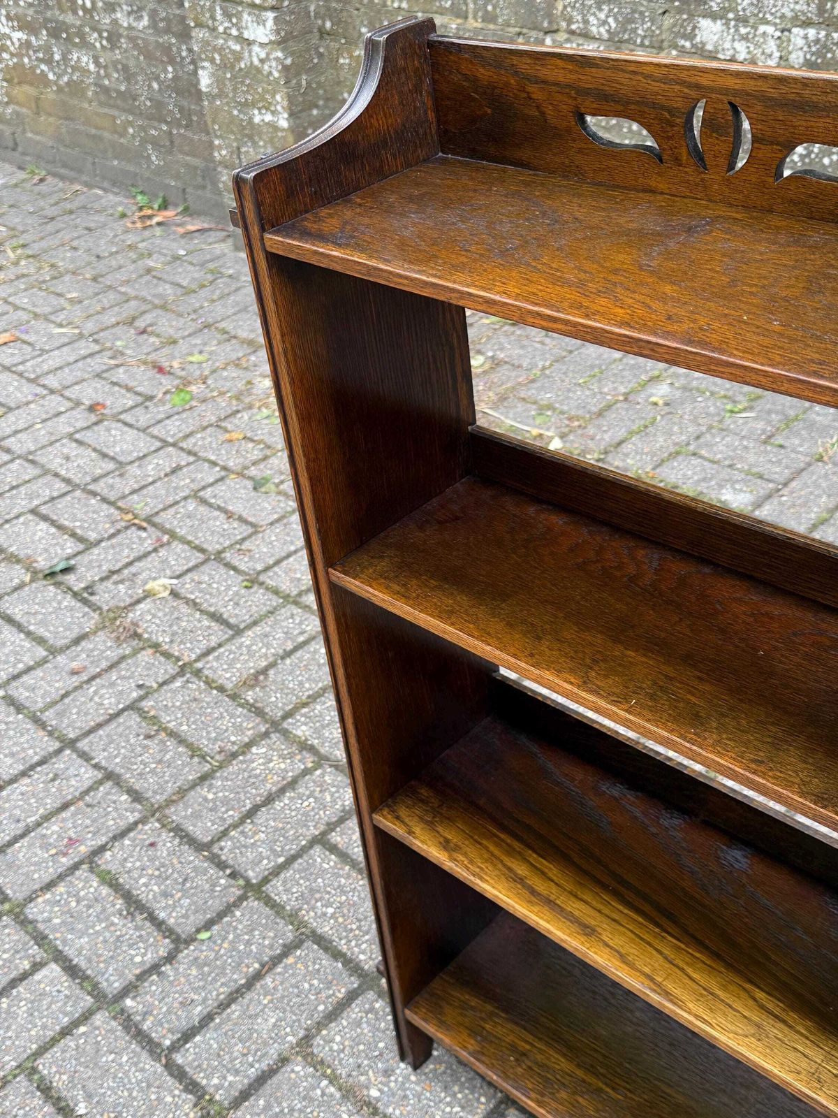 photo for sale Arts And Crafts Oak Small Open Bookcase With Cut Out Detail And Peg Joinery (56cm W, 96cm H)