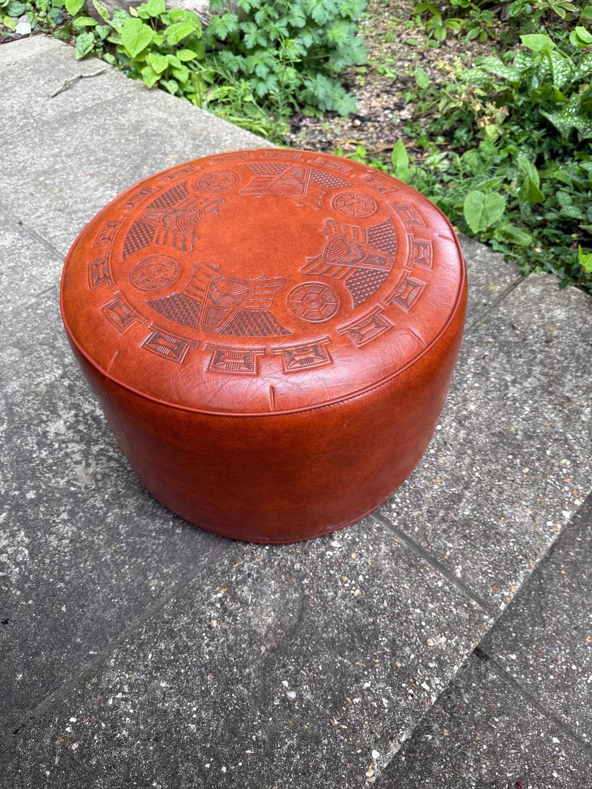 photo vinterior Vintage Moroccan Style Leatherette Pouffe Ottoman With Embossed Tribal Design   Heavy And Solid Quality