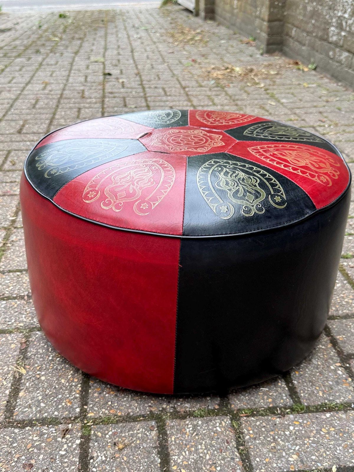 Vintage 1970s Moroccan Style Pouffe Ottoman Footstool In Red & Black Leatherette Sherborne photo 135.0