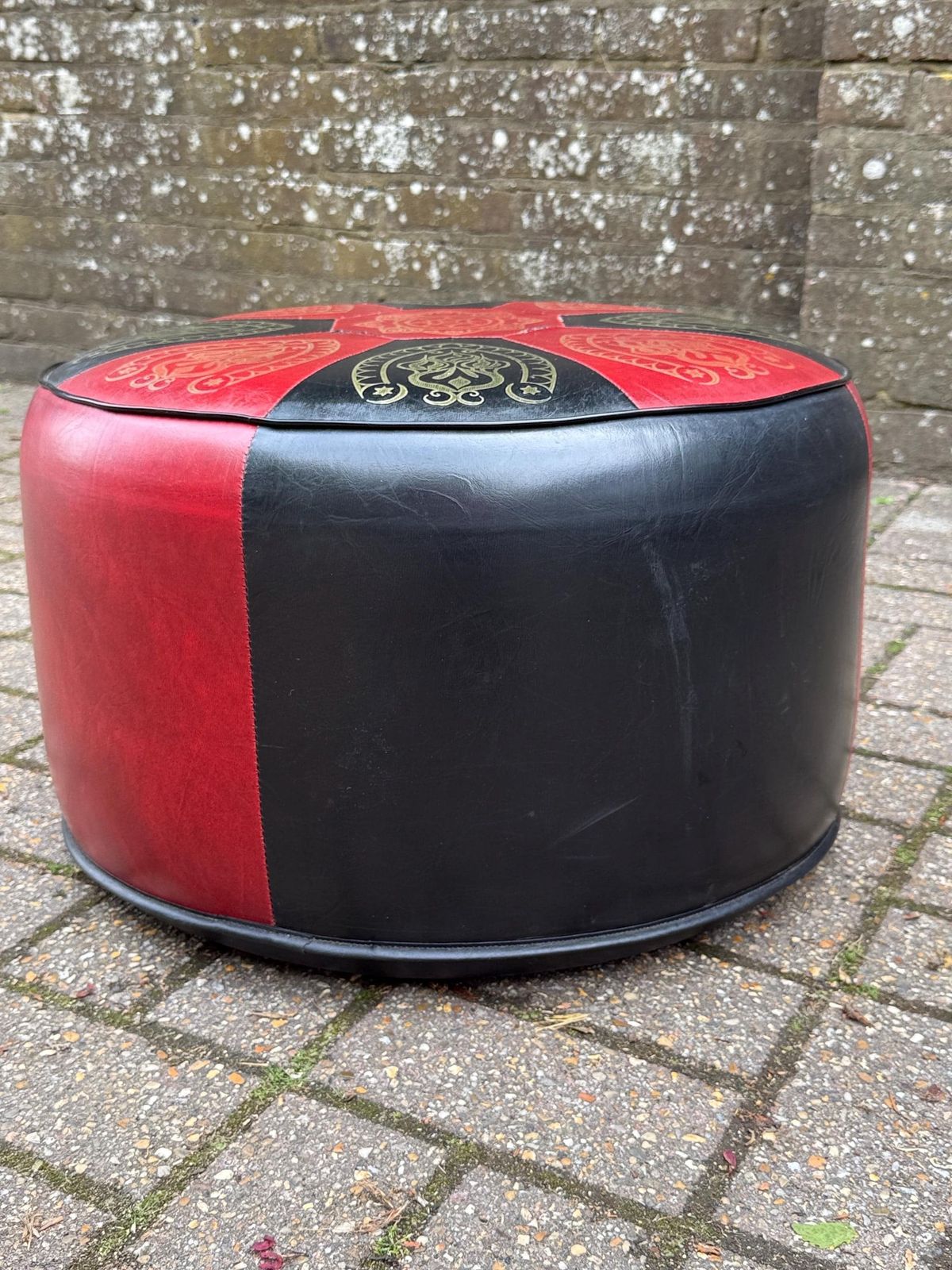 135.0 Vintage 1970s Moroccan Style Pouffe Ottoman Footstool In Red & Black Leatherette Sherborne photo