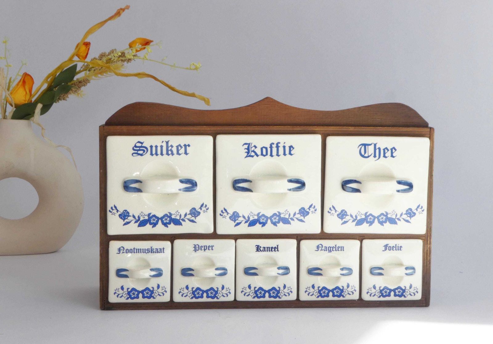 Antique Dutch Spice Cabinet With Ceramic Drawers, Floral Herbs Kitchen Rack With White And Blue, Original Farmhouse Decor Organiser photo furniture