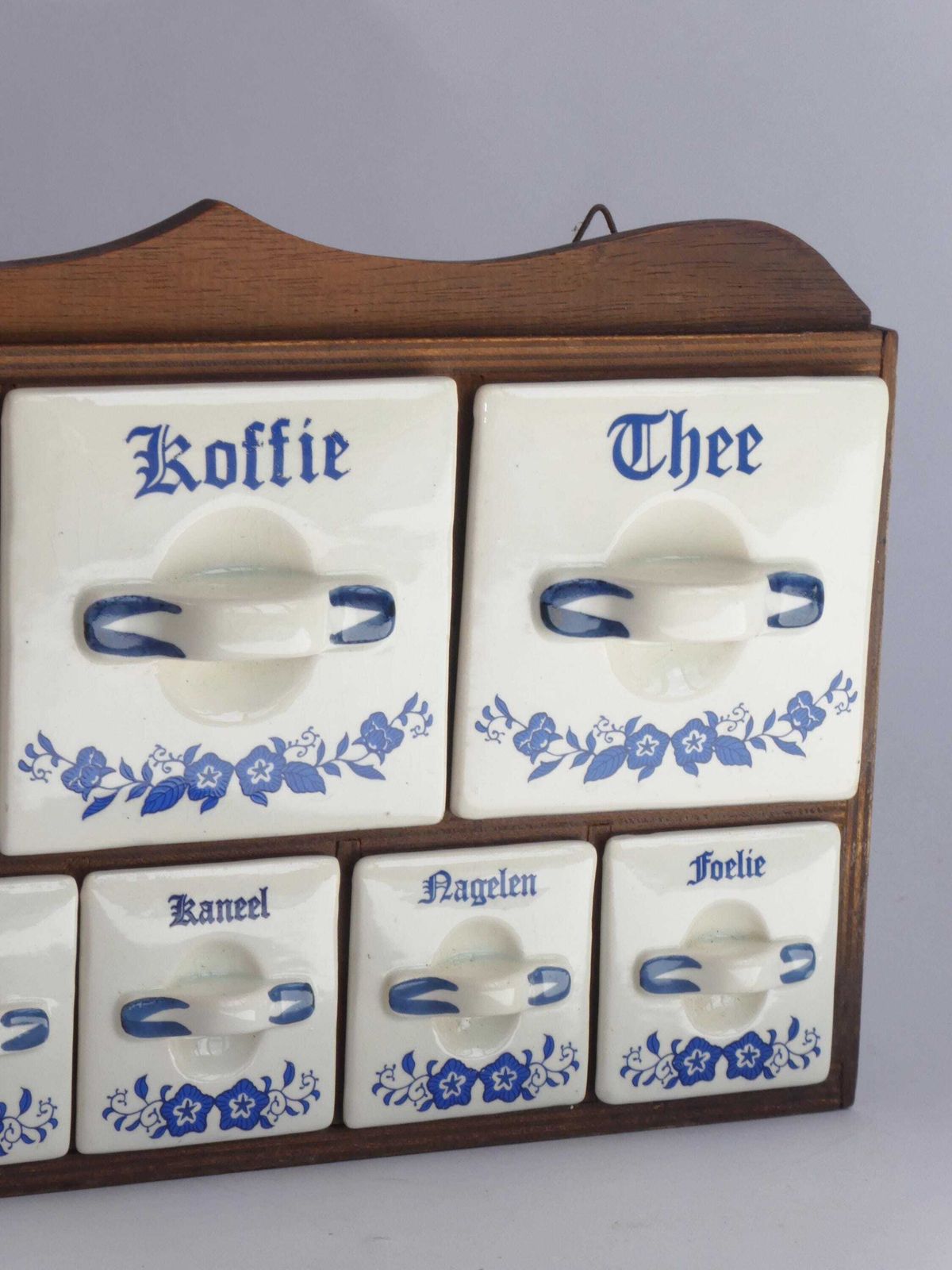 Antique Dutch Spice Cabinet With Ceramic Drawers, Floral Herbs Kitchen Rack With White And Blue, Original Farmhouse Decor Organiser photo vinterior