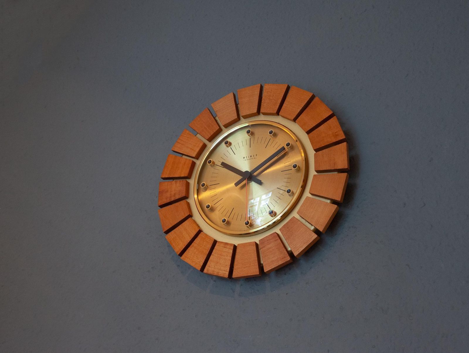 236.0 Mid Century Weimar Germany Wall Clock   Modernism Danish 70s Brass Wood Space Age Atomic Gdr Starburst Mcm 60s photo