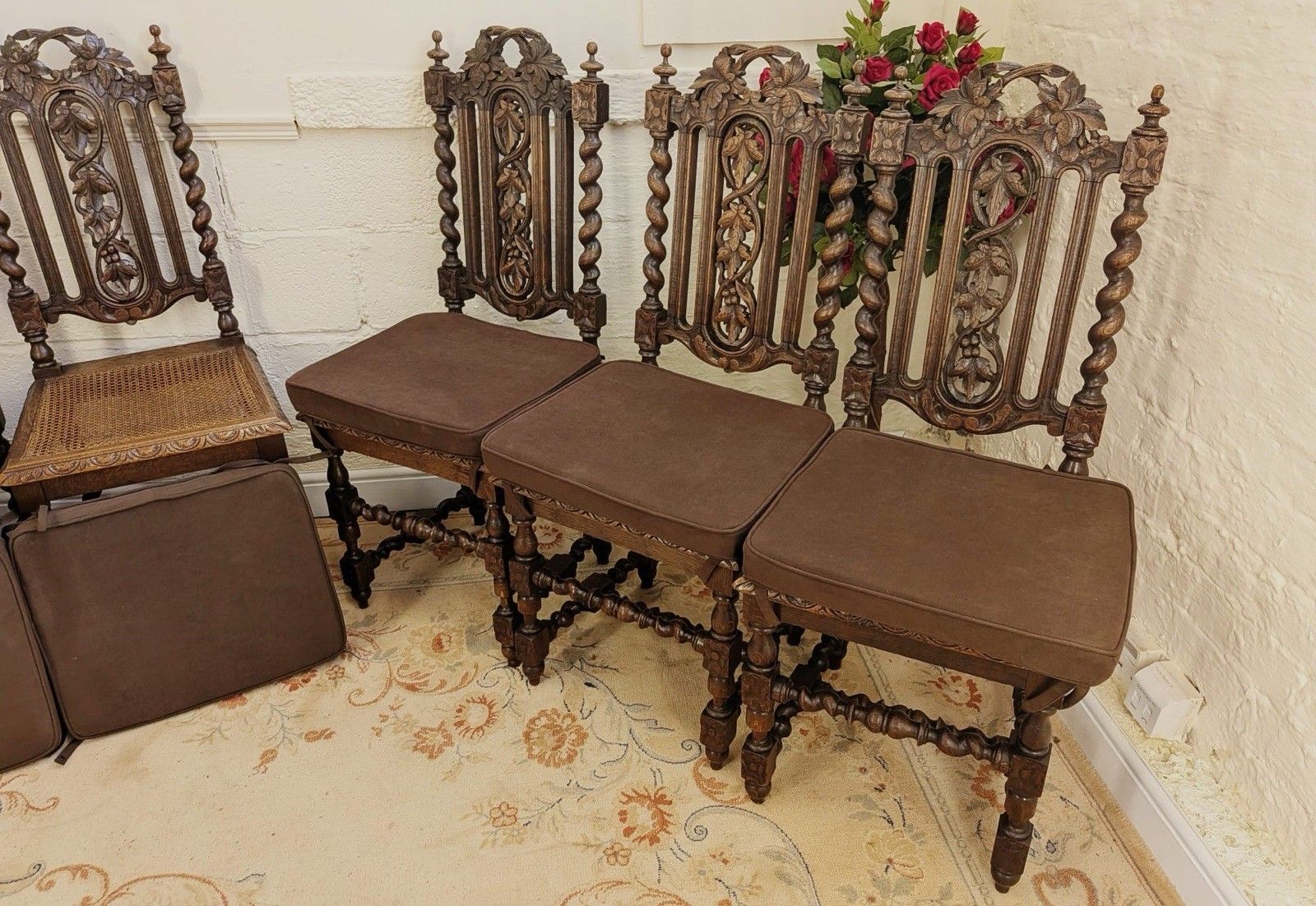 Set Of 6 Victorian Carved Rattan Seated With Cushion Dining Chairs photo 385.0