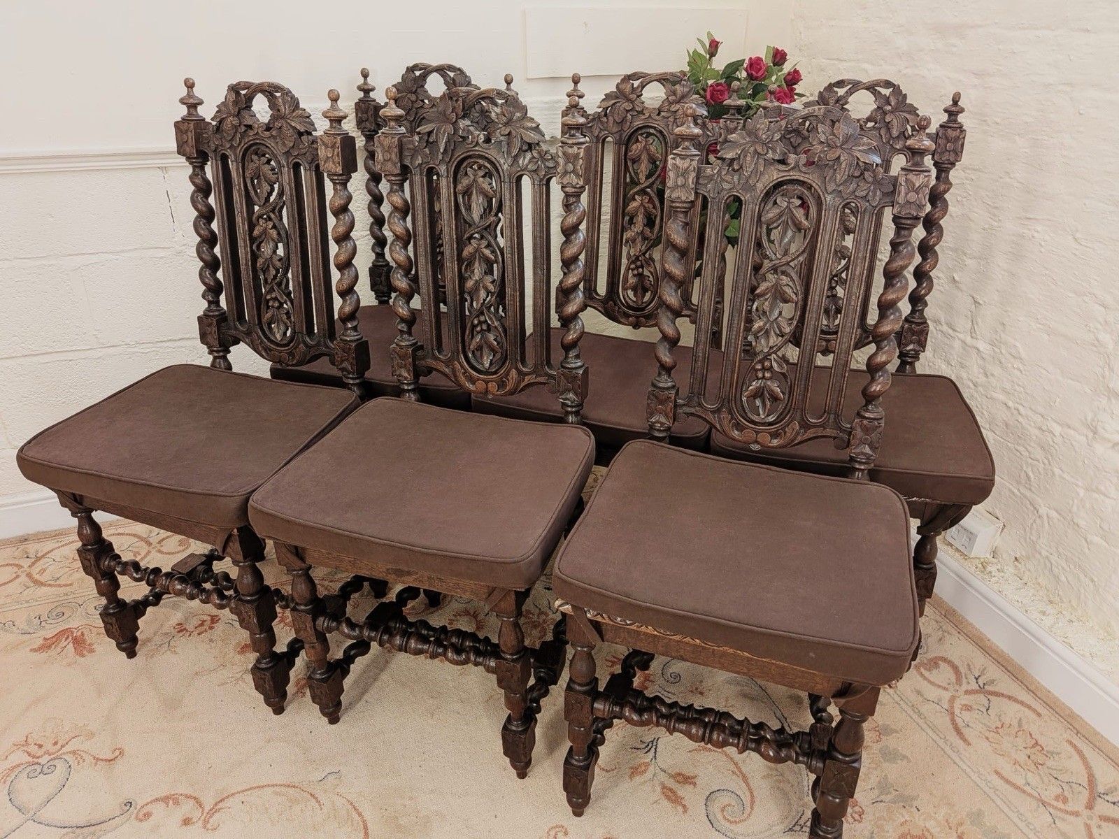 photo furniture Set Of 6 Victorian Carved Rattan Seated With Cushion Dining Chairs