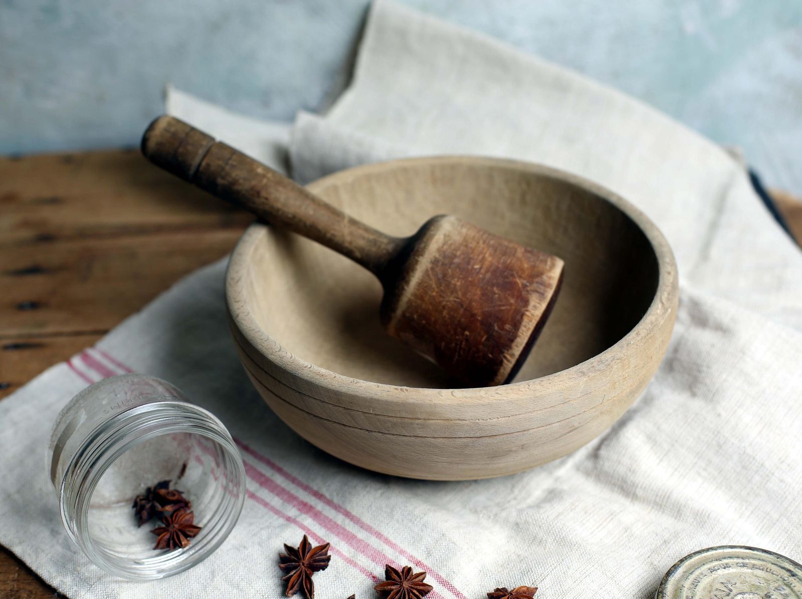 Antique French Wooden Pestle & Mortar Antique Primitive Masher Apothecary Spice Grinder Old Wooden Bowl photo for sale