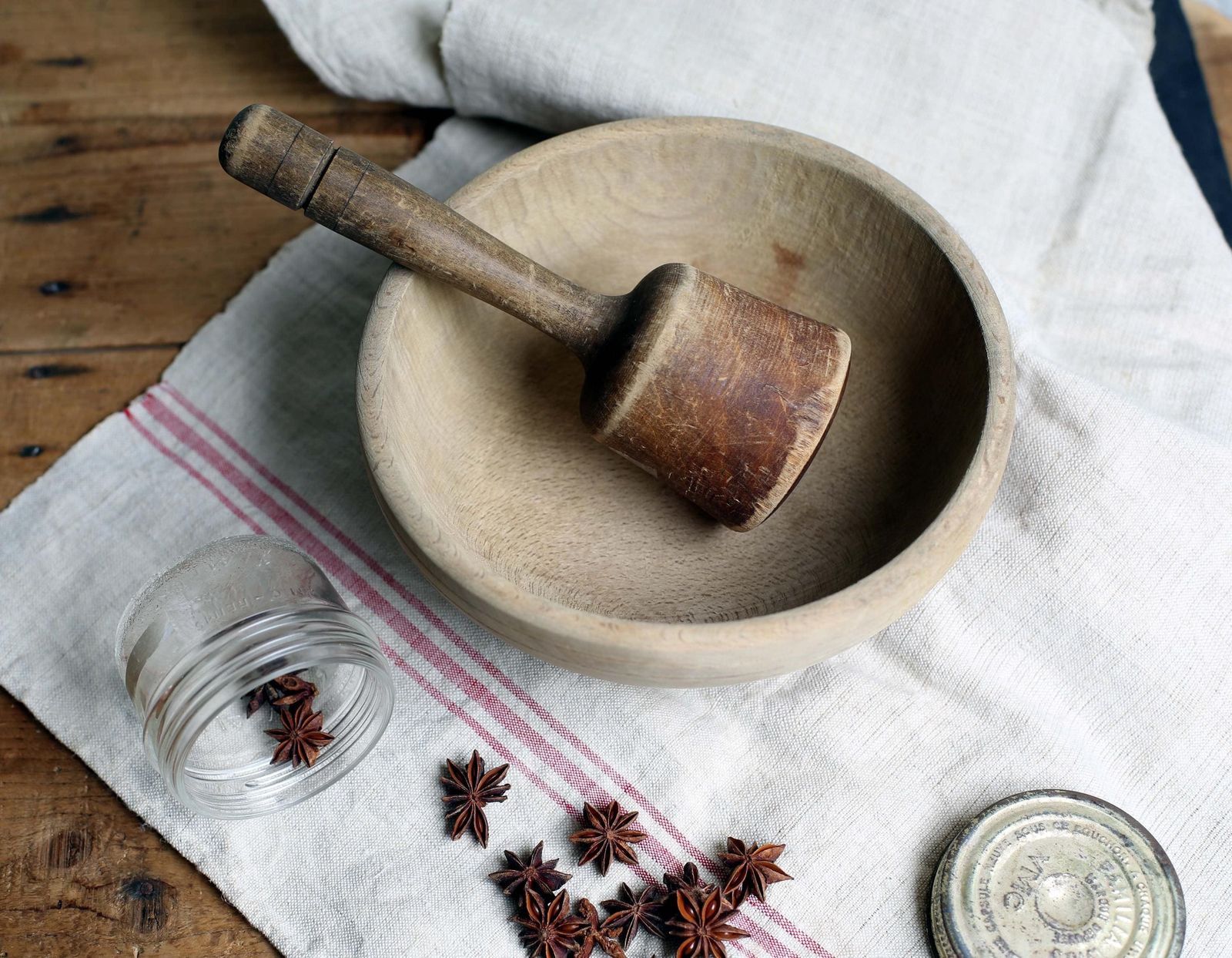 Antique French Wooden Pestle & Mortar Antique Primitive Masher Apothecary Spice Grinder Old Wooden Bowl photo vintage