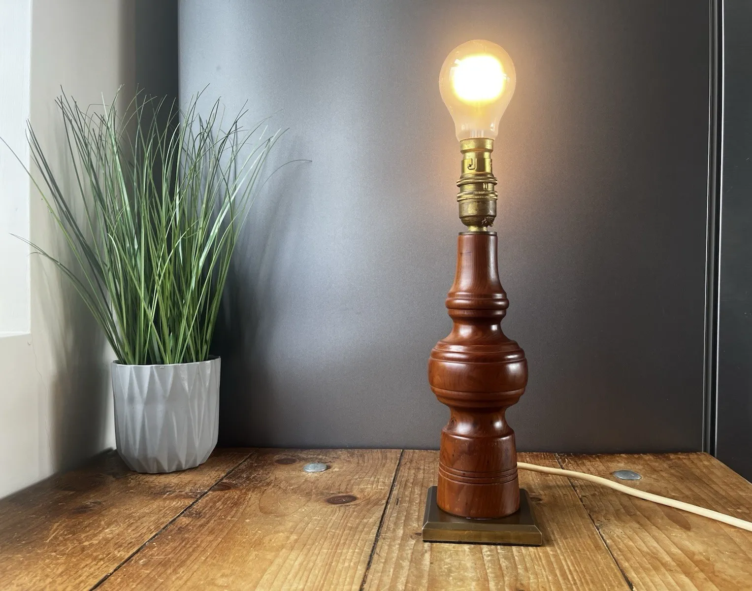 photo furniture Mid Century Turned Teak Hooped Table Lamp Desk Light Vintage Scandi 60's 70's