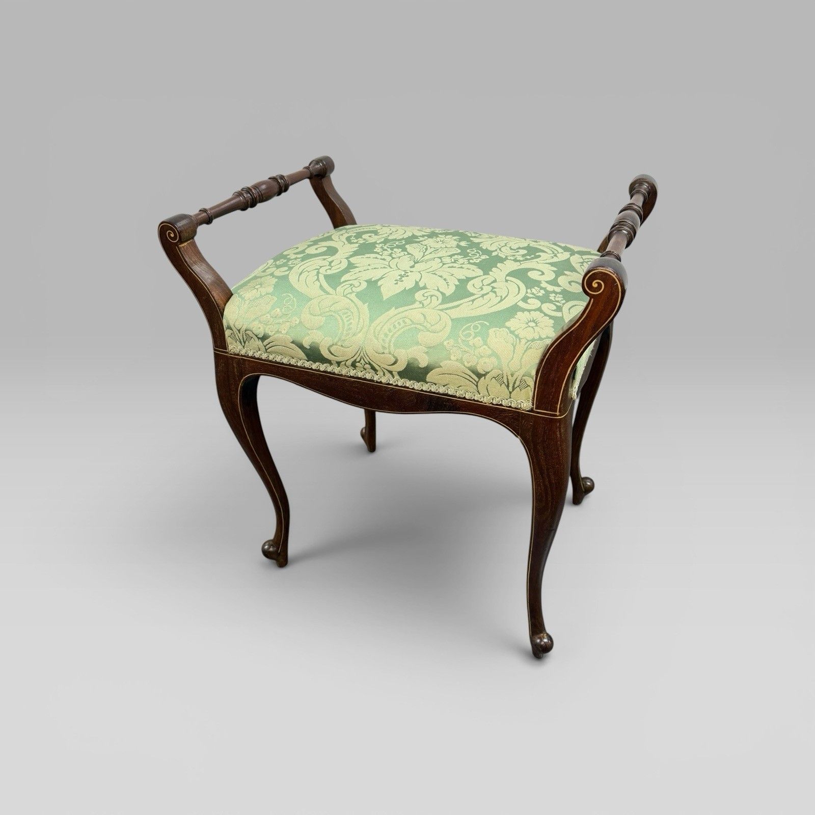 Antique Victorian Mahogany Piano Stool With Green Floral Upholstery