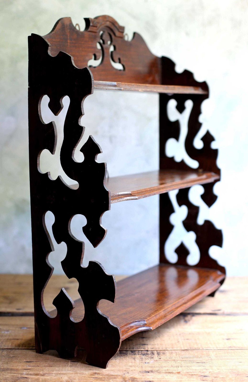 Furniture Antique French Gothic Bookcase Shelves Small Wooden Church Wall Mounted Shelf Unit photo