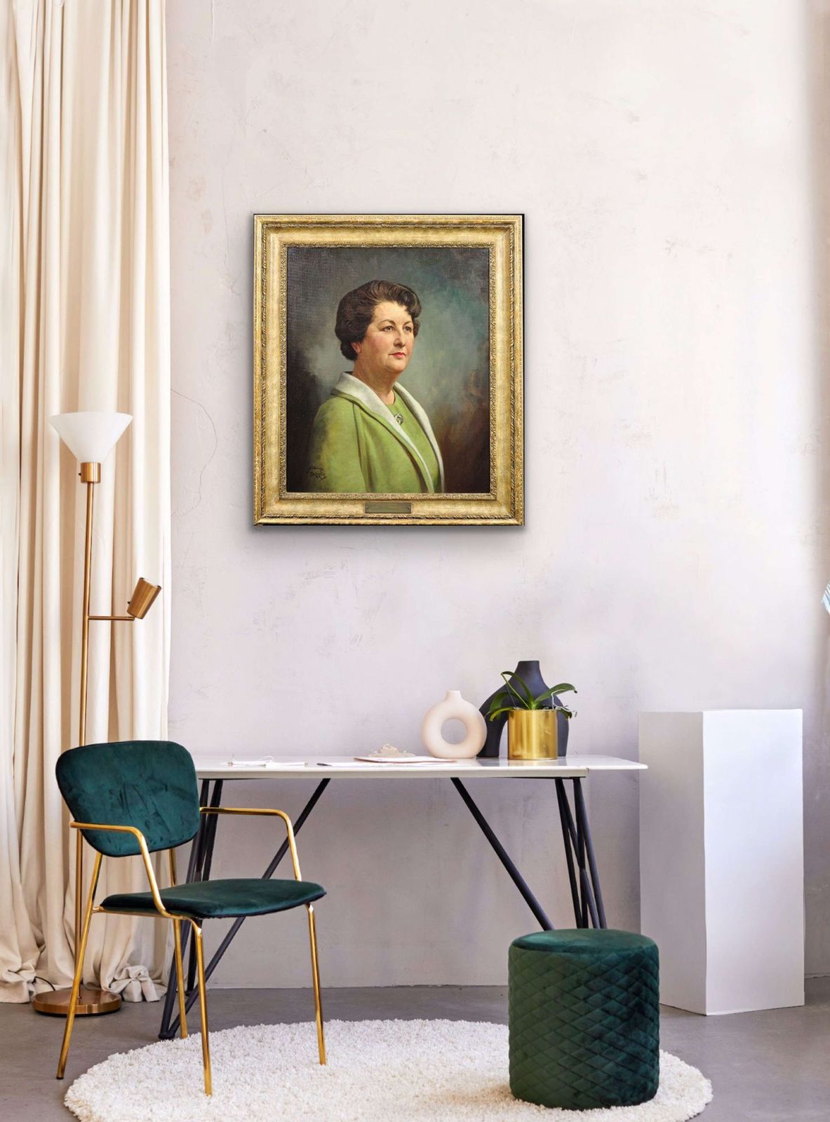 Art Howard Barron. Katherine Merry Nee Horstmann, directrice de la Horstmann Gear Company, 1946, ville de Bath. Portrait de femme dans l'industrie, huile sur toile encadrée, années 1940. photo