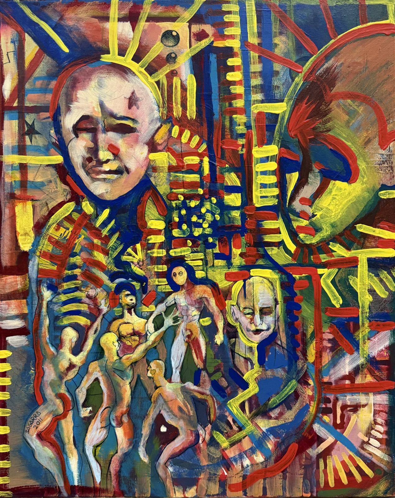 Sagarra Neo Expressionist Outsider Figurative Oil On Canvas Painting With Masked Figures 2011