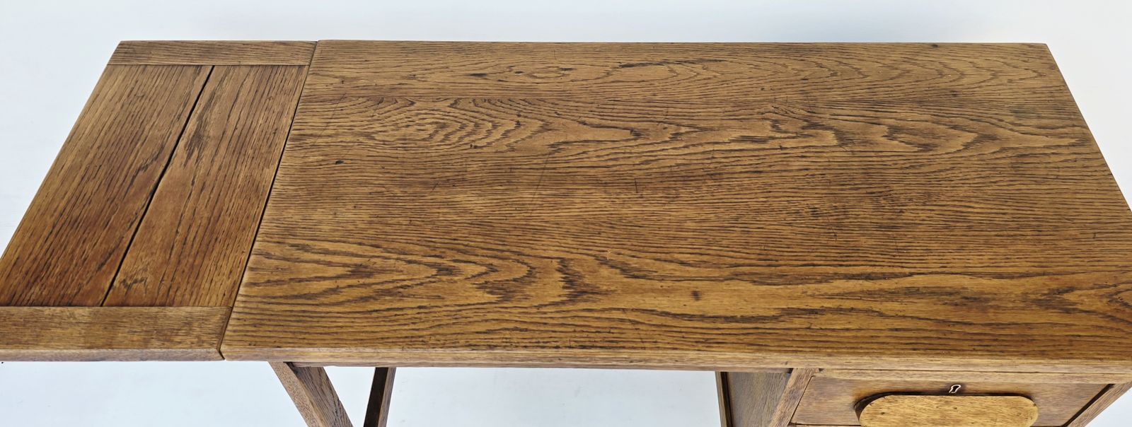 photo for sale A Petite Mid Century Oak Drop Leaf Desk, Single Pedestal.