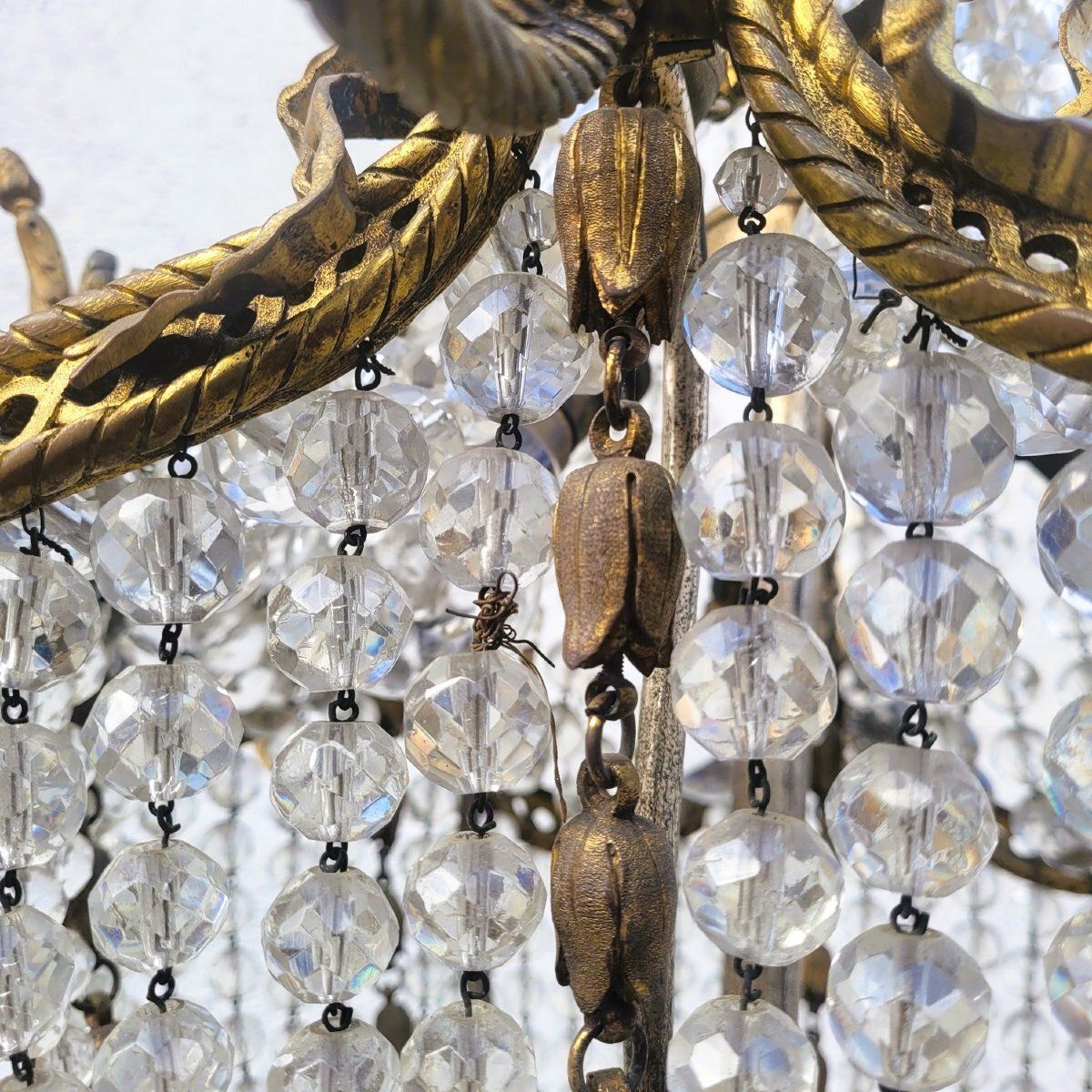Lighting Balloon Chandelier / Beaded Bag H105cm, Bronze And Crystal, Early 20th Century photo