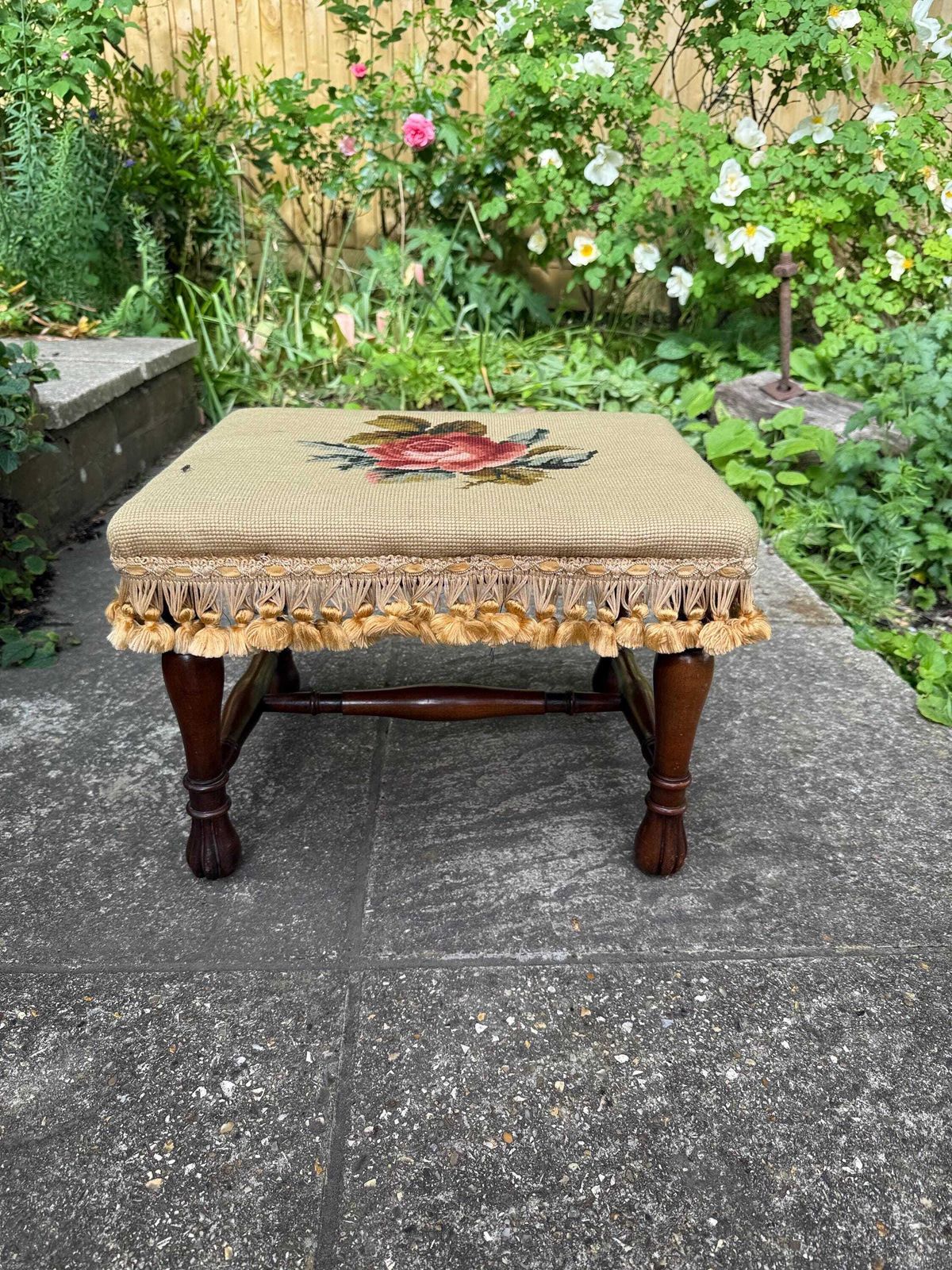 Vintage Needlepoint Fireside Footstool With Tassel Fringe And Turned Wooden Legs photo furniture