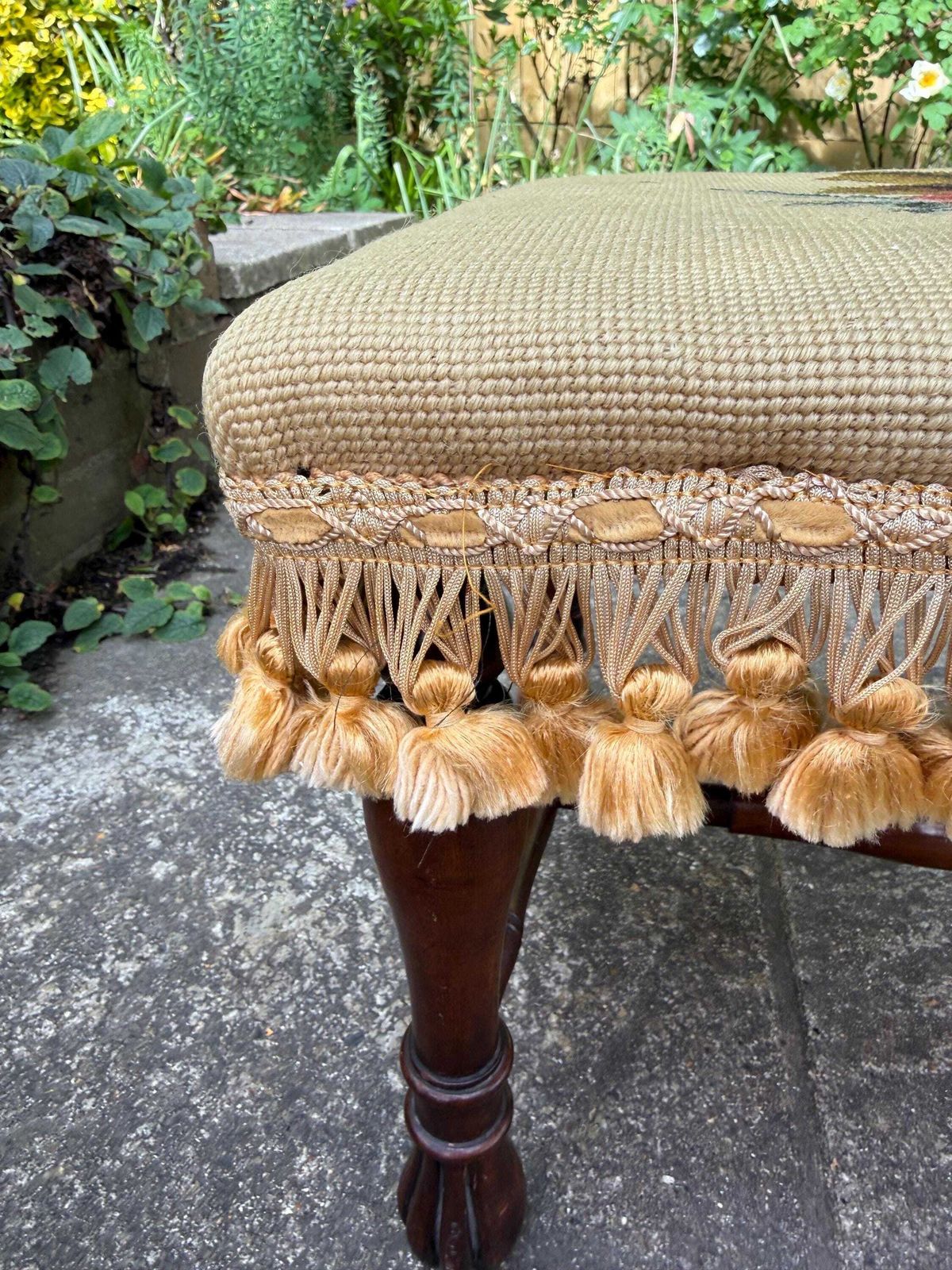photo buy Vintage Needlepoint Fireside Footstool With Tassel Fringe And Turned Wooden Legs