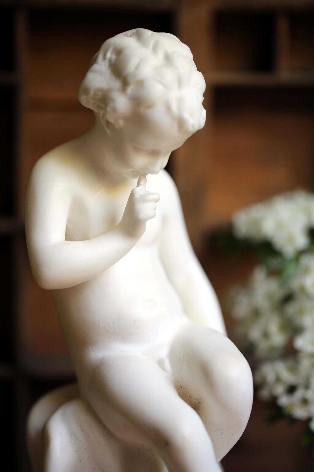 Antique Seated Cupid Eros Figurine Wax Marble Young Boy With Quiver Statue After Etienne Maurice Falconet photo for sale