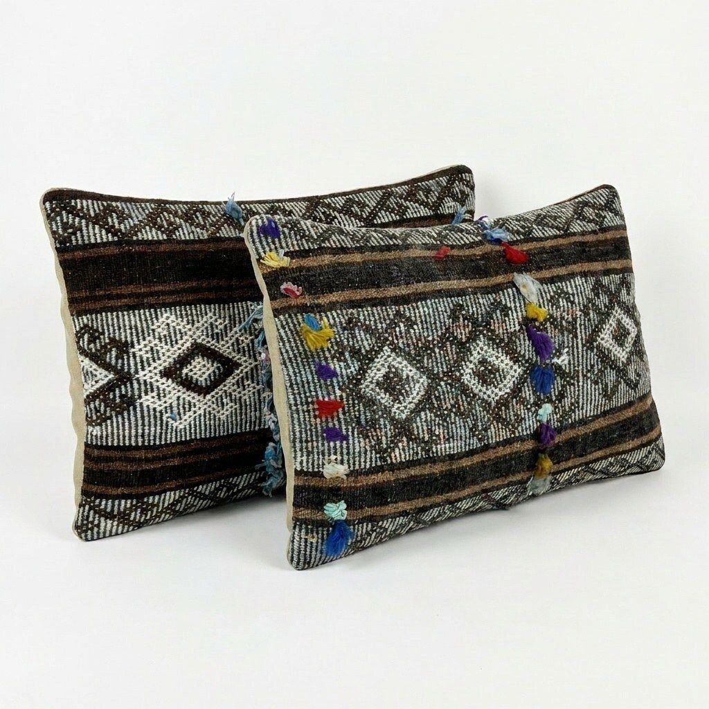 Bohemian Turkse Kilim Lendenkussen Hoes 40 x 60 cm & 37 x 60 cm, Set van Twee photo for sale
