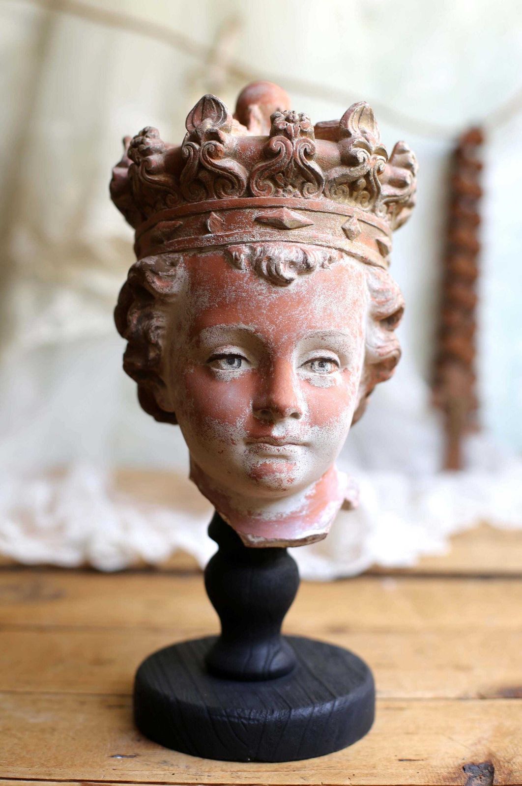 Antique Infant Jesus Head Gothic Style Bust Polychrome Terracotta Christ Statue On Wooden Stand