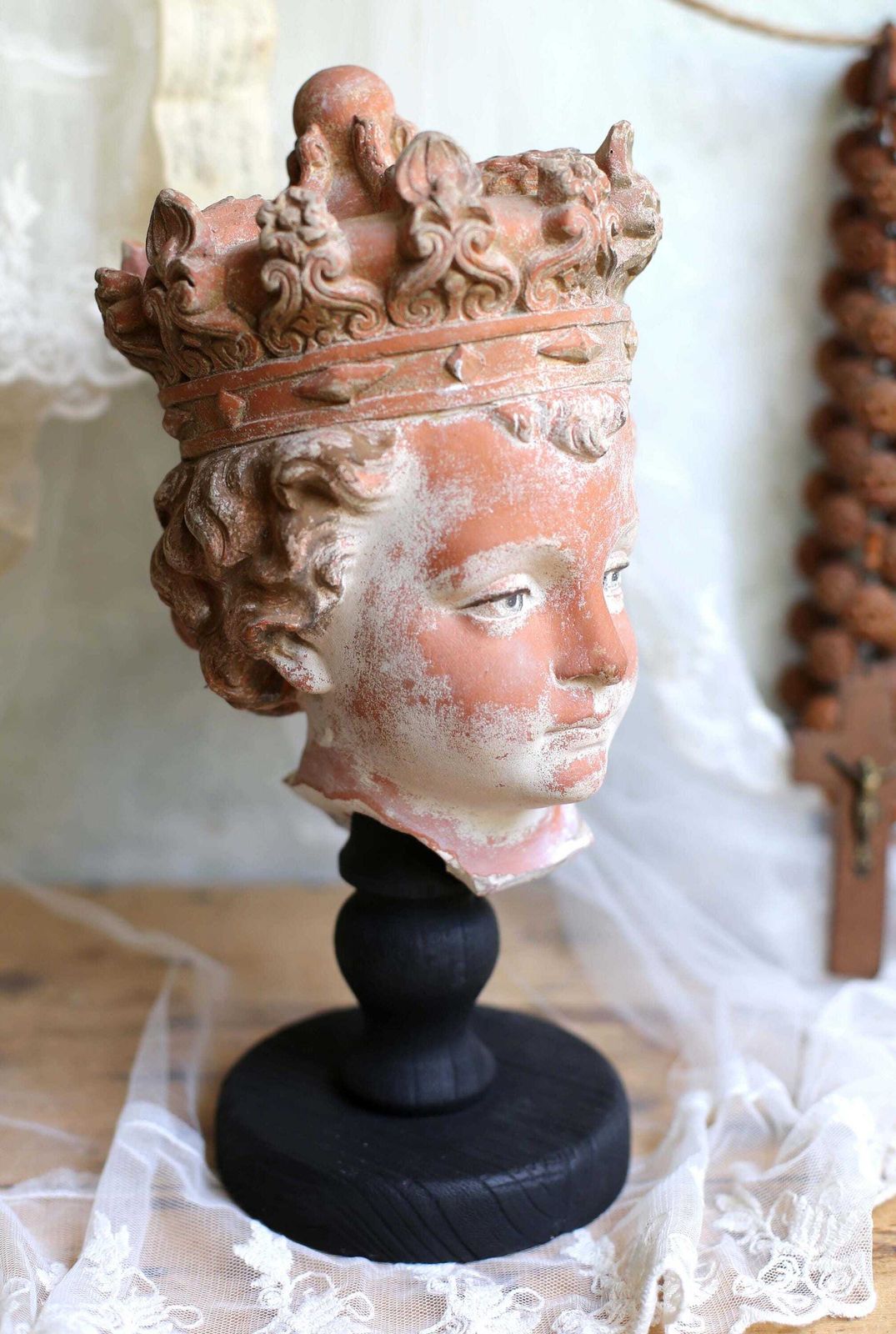 Antique Infant Jesus Head Gothic Style Bust Polychrome Terracotta Christ Statue On Wooden Stand photo Art