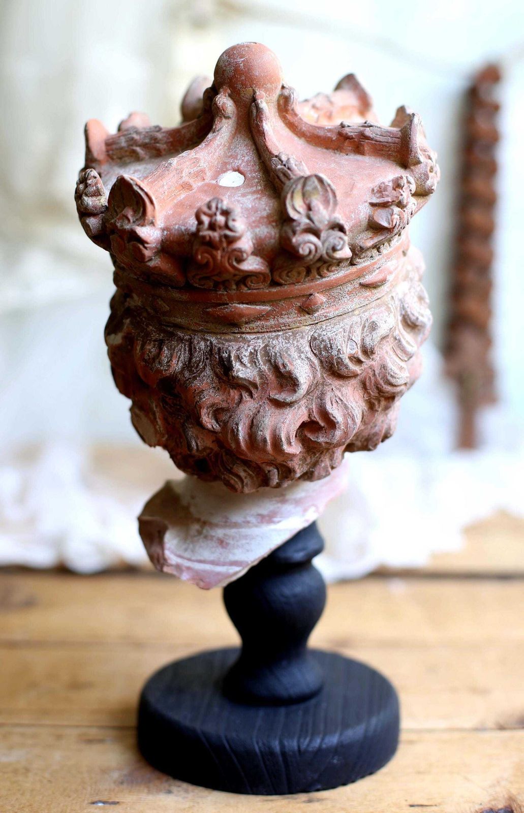 Antique Infant Jesus Head Gothic Style Bust Polychrome Terracotta Christ Statue On Wooden Stand photo buy