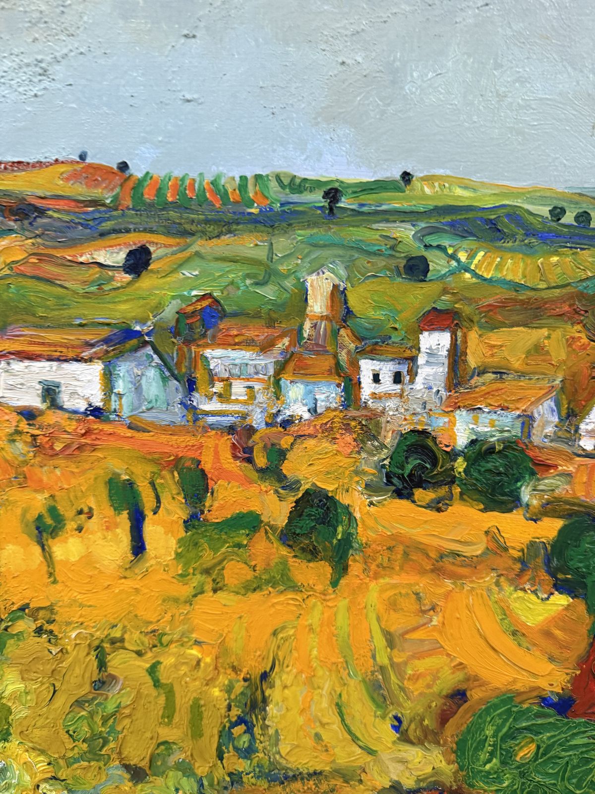 Ulpiano Carrasco Colorful Spanish Village Landscape With Thick Impasto And Yellow Fields Oil Art 1999 photo buy