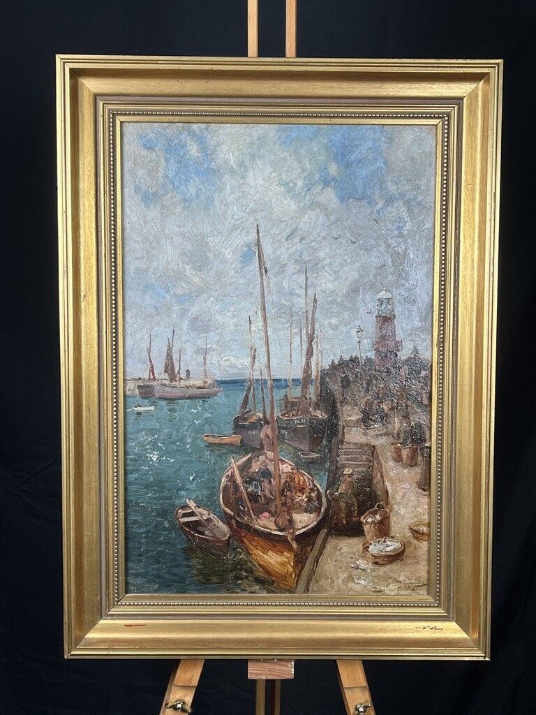 Julius Hare (1859   1932) South West Harbour Scene – Fishing Boats & Lighthouse