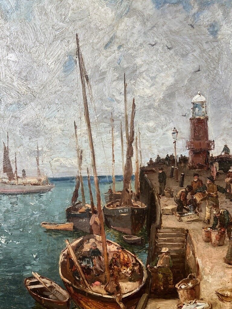 Julius Hare (1859   1932) South West Harbour Scene – Fishing Boats & Lighthouse photo buy