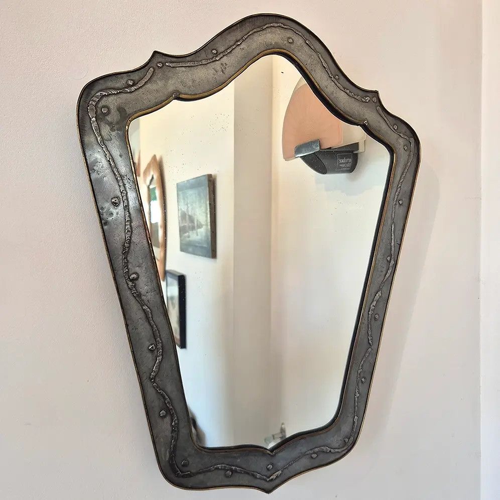1970's French Brutalist Metal Wall Mirror (L): Mid Century Modernist Style photo for sale