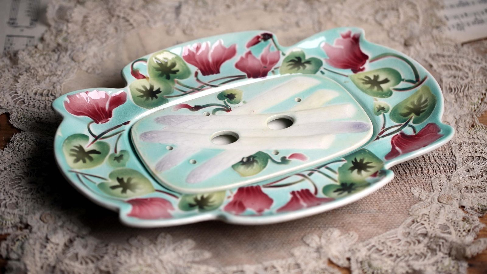 Antique French Majolica Asparagus Draining Plate Art Nouveau Cyclamen Platter By K&G Saint Clement