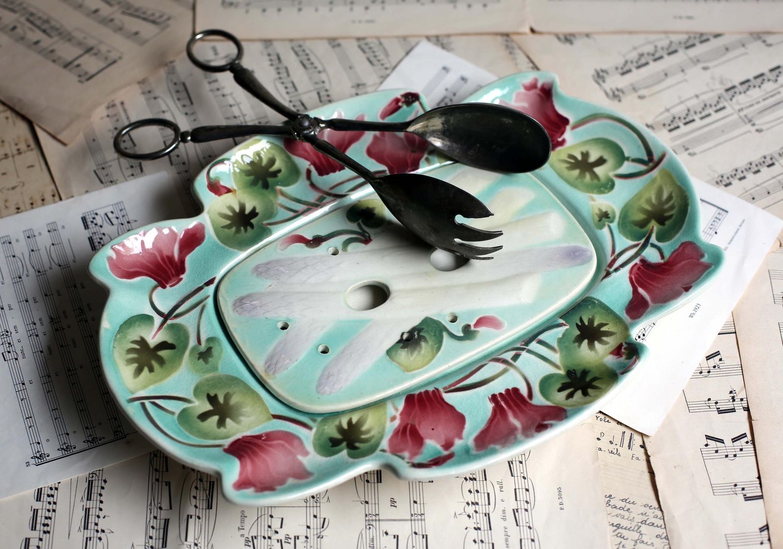 Antique French Majolica Asparagus Draining Plate Art Nouveau Cyclamen Platter By K&G Saint Clement photo buy