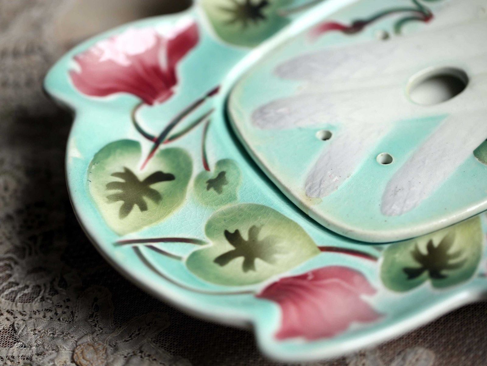 photo furniture Antique French Majolica Asparagus Draining Plate Art Nouveau Cyclamen Platter By K&G Saint Clement
