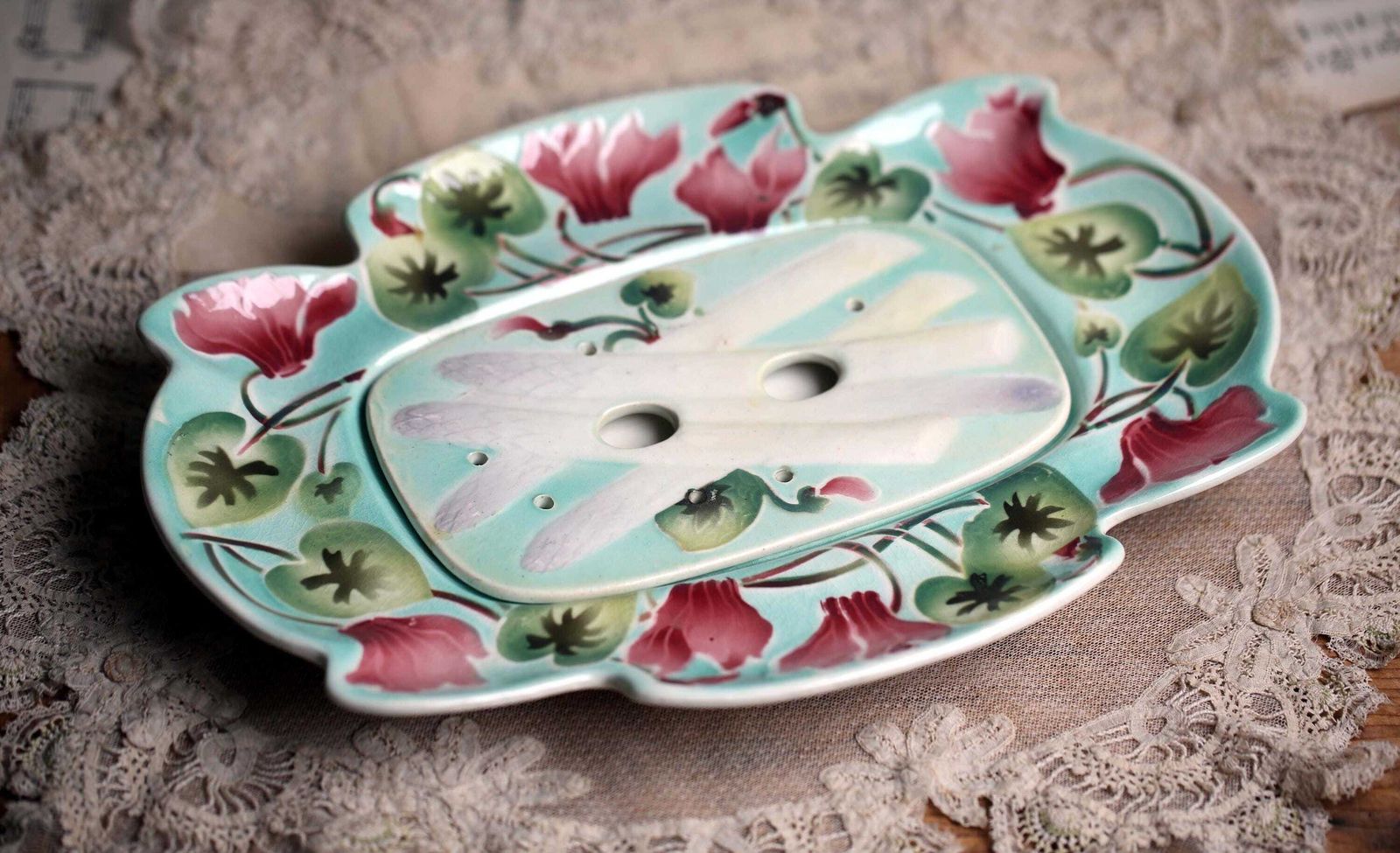 photo for sale Antique French Majolica Asparagus Draining Plate Art Nouveau Cyclamen Platter By K&G Saint Clement