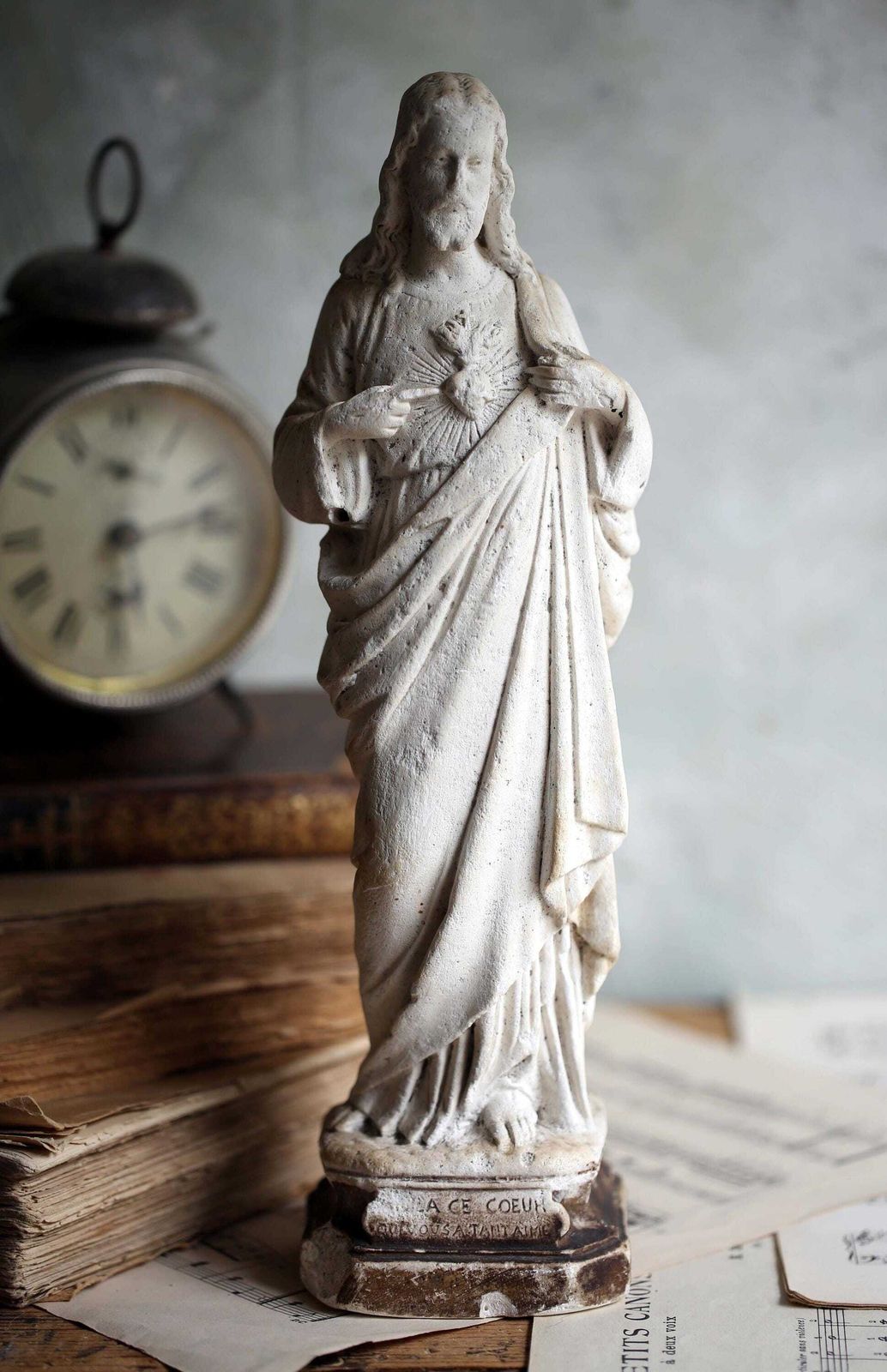 French Antique Chalkware Sacred Heart Jesus Christ Statue 1800s photo for sale