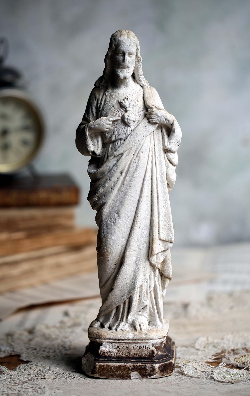 French Antique Chalkware Sacred Heart Jesus Christ Statue 1800s photo 157.0