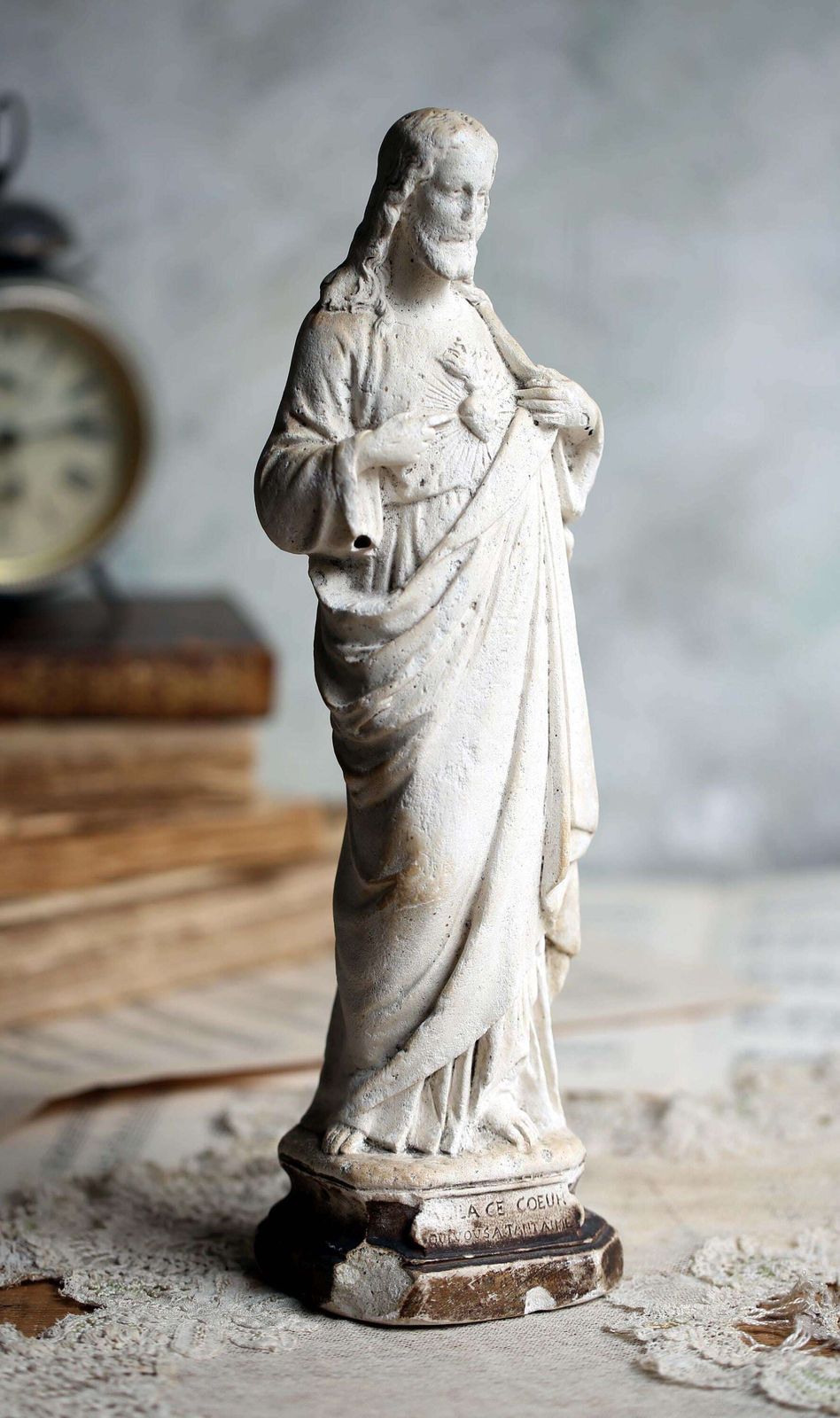 photo furniture French Antique Chalkware Sacred Heart Jesus Christ Statue 1800s