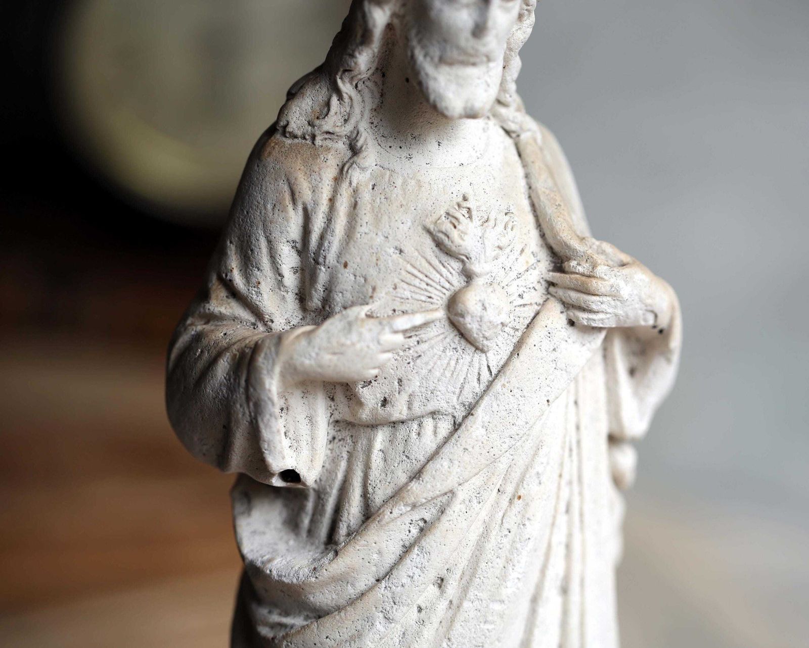 photo for sale French Antique Chalkware Sacred Heart Jesus Christ Statue 1800s