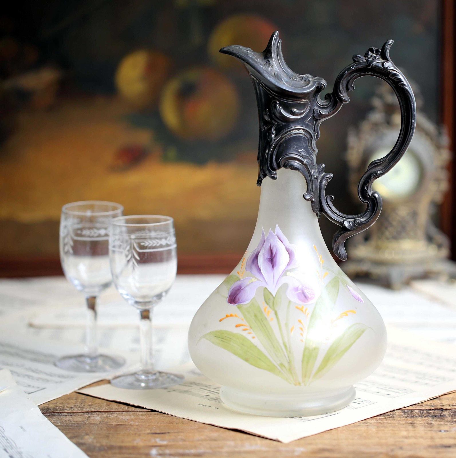 Antique French Rococo Claret Jug Pewter & Hand Painted Glass Wine Pitcher Decanter Irises Louis XV photo furniture