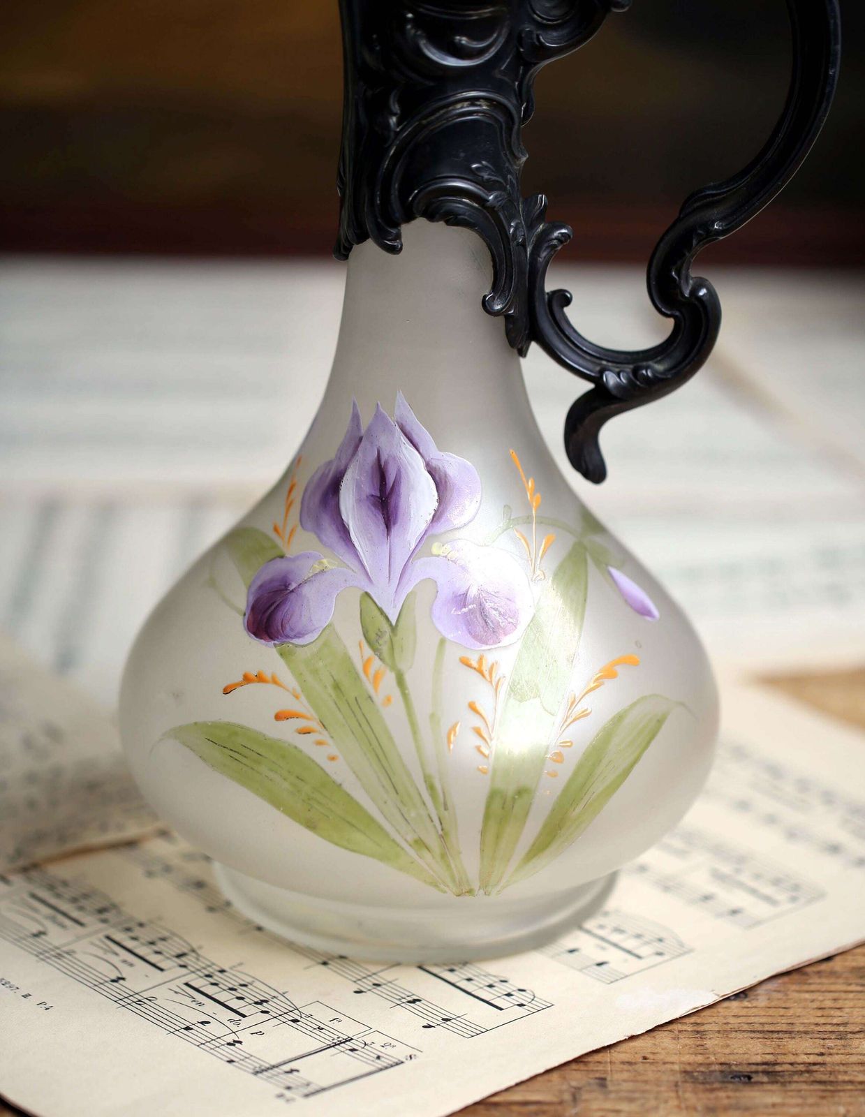 Antique French Rococo Claret Jug Pewter & Hand Painted Glass Wine Pitcher Decanter Irises Louis XV photo Home Decor