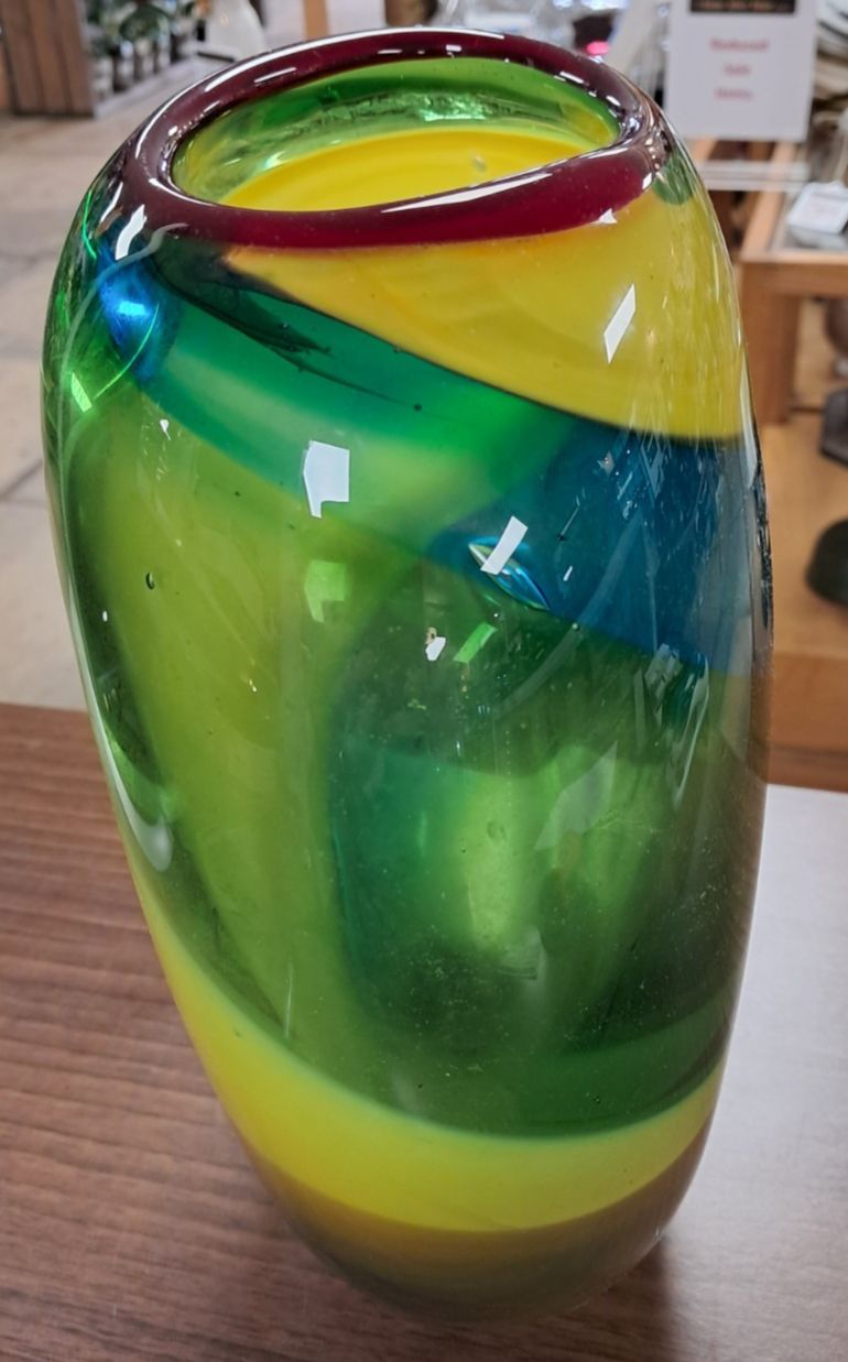 Mid Century Murano Style Hand Blown Art Glass Vase In Green, Brown, Yellow Blue photo furniture